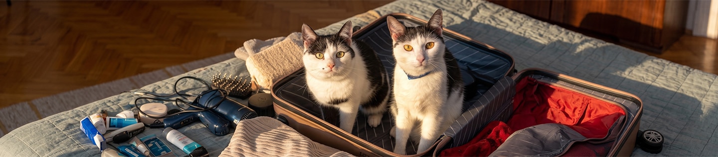 Two black and white cats sitting in an open suitcase on a bed 
